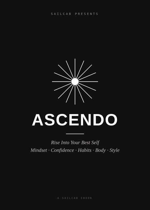 Ascendo — Rise Into Your Best Self ebook cover, minimalist white sunburst graphic on a black background